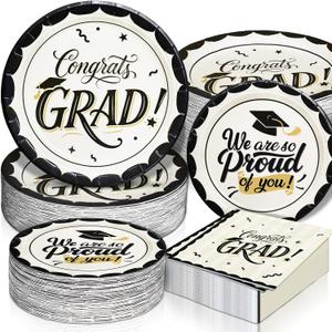 Black and White Disposable Dinnerware Set for 50 Guests - 150 Pcs Graduation Party Supplies with Thickened Plates, Dessert Plates and Napkins