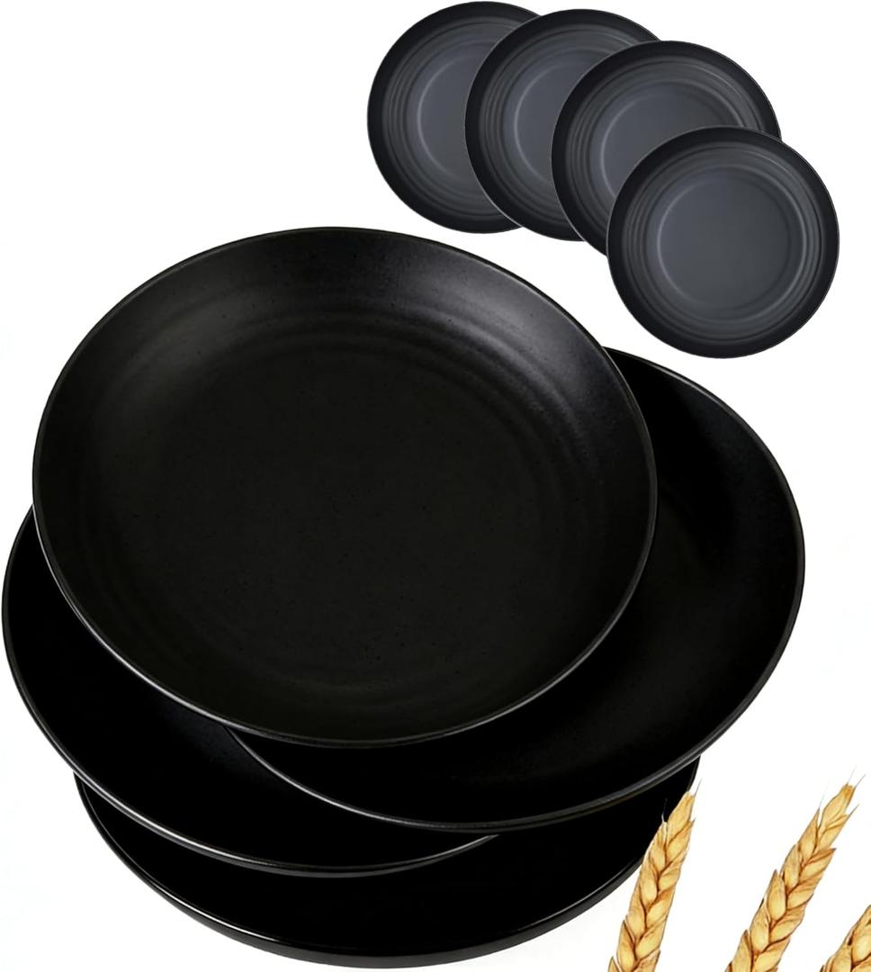 Wheat Straw Dinner Plates Set of 4, 7.87 Inch Unbreakable Deep Plates, Lightweight & Reusable for Camping, Dishwasher and Microwave Safe, Eco-Friendly Kitchen Tableware (Black)