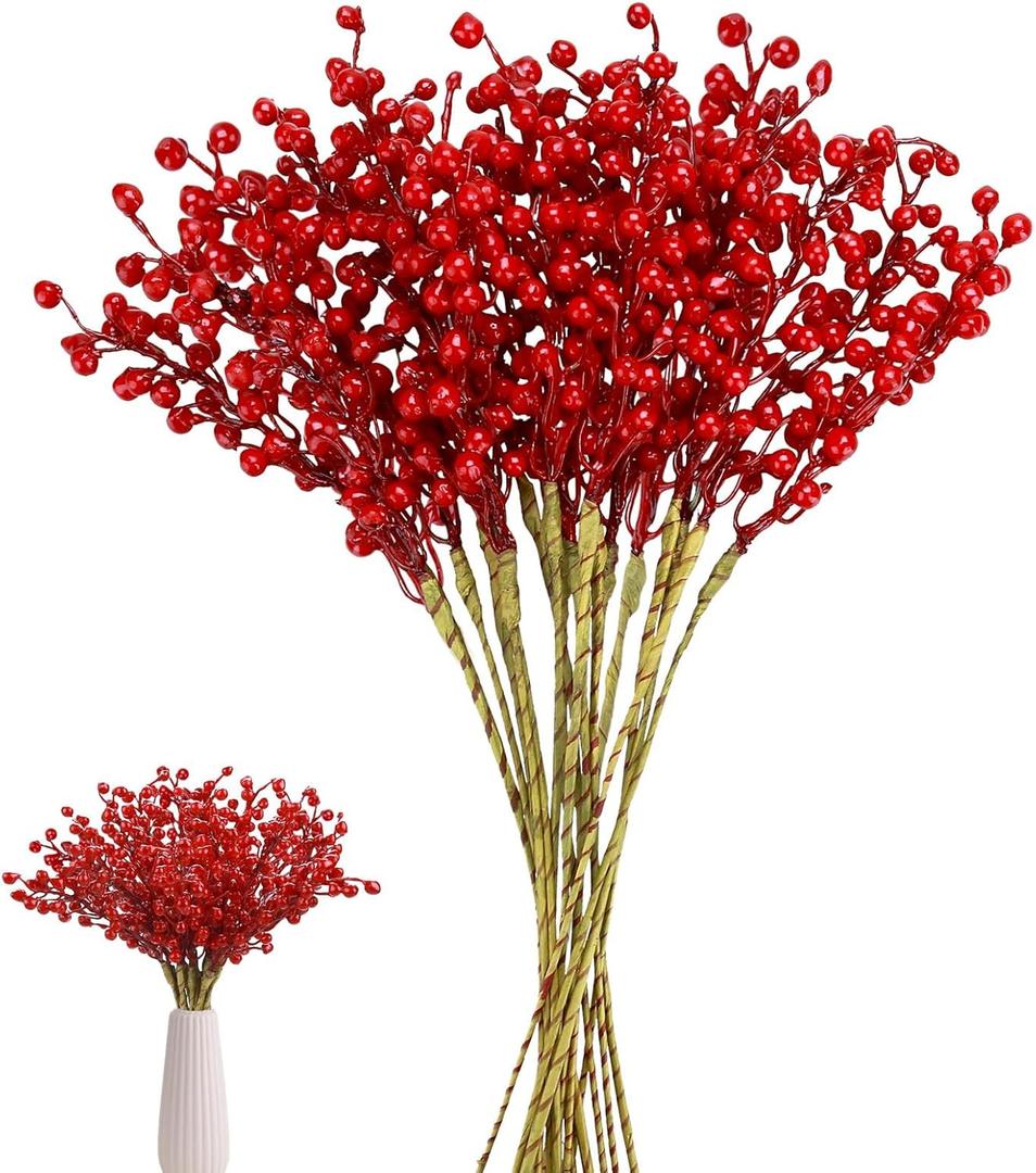 Megoogo 16 Pack Artificial Red Berry Stems Holly for Christmas Tree Decorations for Crafts, Holiday and Home Decor