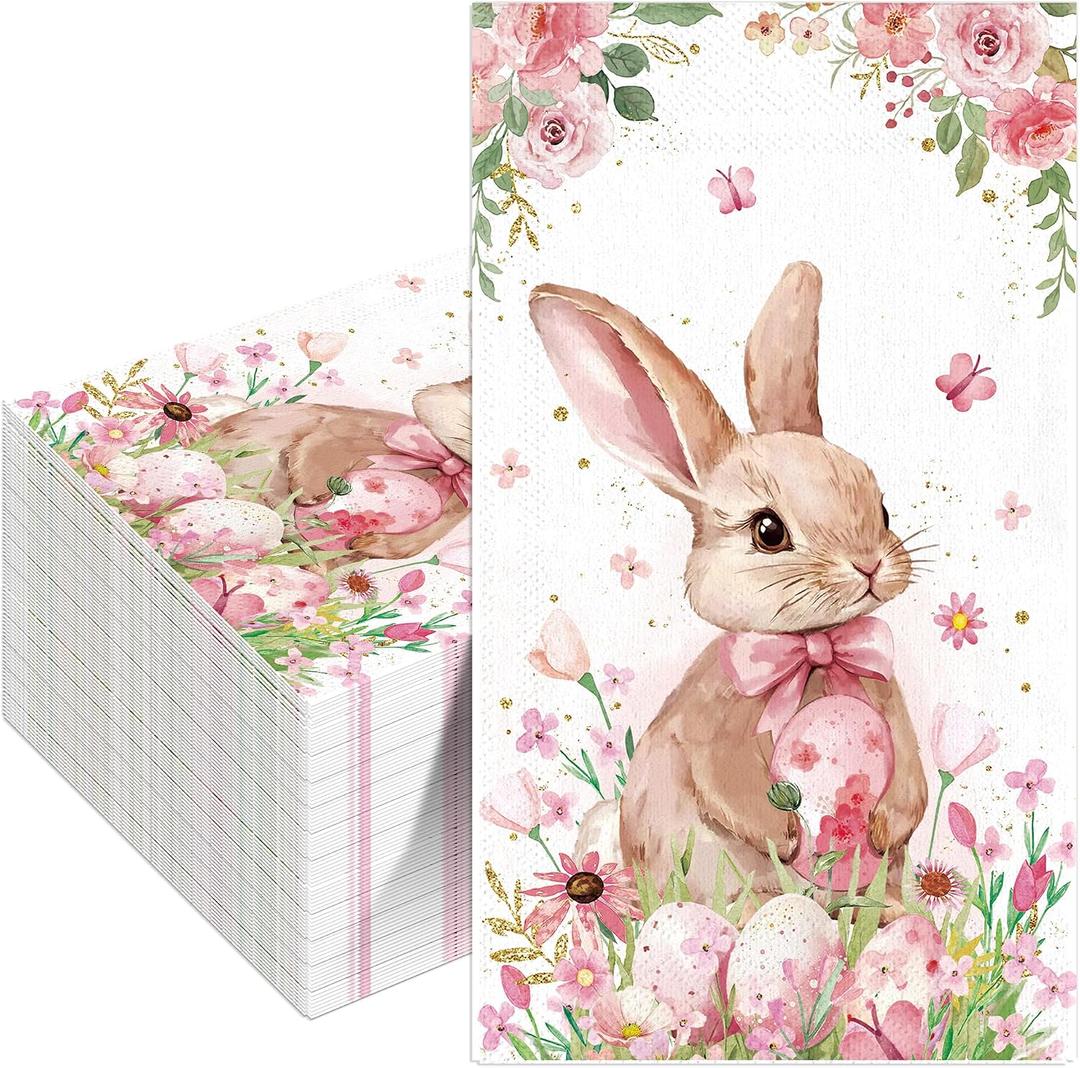 Easter Paper Napkins 100Pcs Pink Bunny Floral Napkins Spring Easter Egg Rabbit Flower Cocktail Napkins for Home Family Dinner Guest Hand Towels Bathroom Kitchen Spring Holiday Party Supplies (Pink)