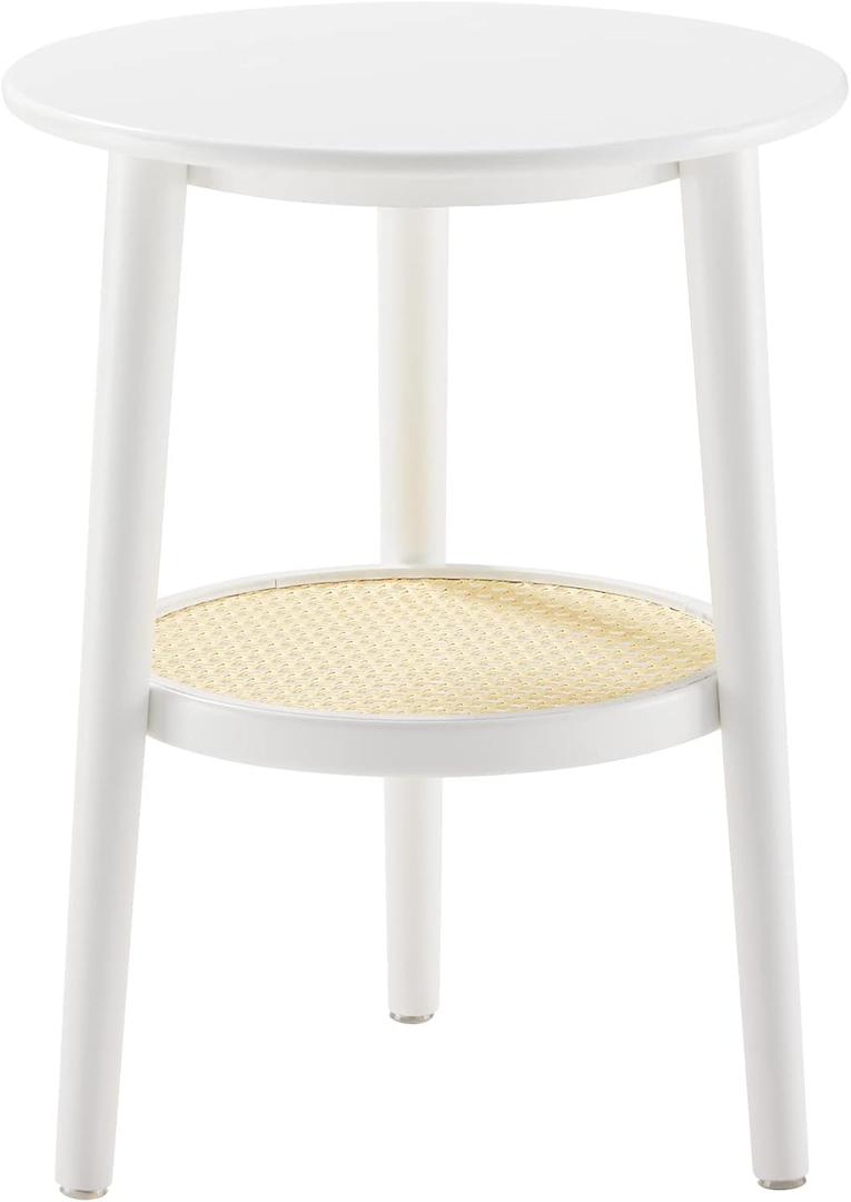 Apicizon 2 Tier Round Side Table, White Rattan Nightstand Bedside Table with Storage, Boho End Table for Living Room, Bedroom, Small Spaces, Easy Assembly, 15 x 19.3 Inches