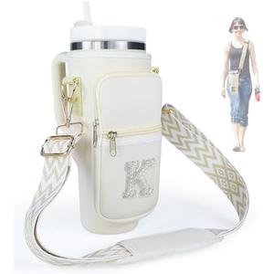 Water Bottle Holder with Strap for Stanley 40 oz Tumbler, Initial A-Z Water Bottle Carrier Sling Bag with Pouch Phone Pocket Handle Crossbody Water Bottle Holder Case Sleeve for Walking Camping Gym