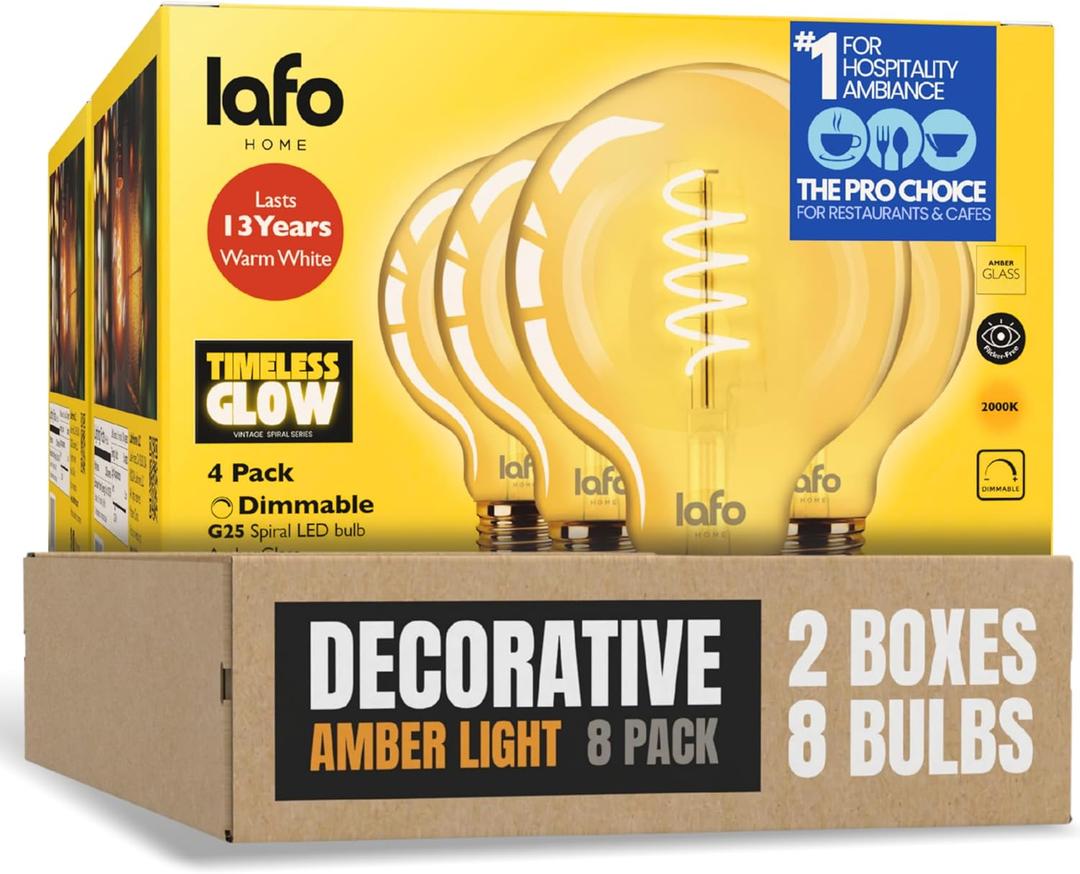 TimelessGlow 8 Pack Dimmable G25 LED Filament Bulb 5W 40W Equivalent Warm Amber 2000K E26 Base CRI80 Amber Glass Spiral Filament ETL FCC Certified Flicker Free Decorative Lighting