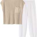 ANRABESS Women's Two Piece Outfits Knit Sweater Vest Crop Top Pants Lounge Matching Tracksuit Sweatsuit Travel Clothes Sets (X-Large, Khaki White)