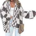 BTFBM Casual Cardigan Sweater for Women Fall 2026 Long Sleeve Open Front Chunky Knit Sweaters Checkered Outwear Coat (Gray, S)