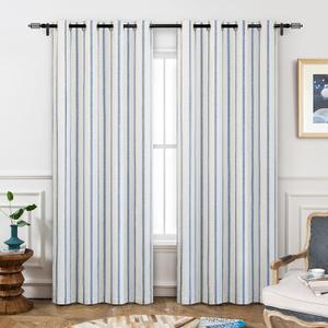 DriftAway Farmhouse Linen Blackout Curtains 84 Inches Long for Bedroom Striped Double Layer Thermal Insulated Sound Reducing Lined Grommet Rustic Drapes for Living Room 2 Panels W52 x L84 Navy