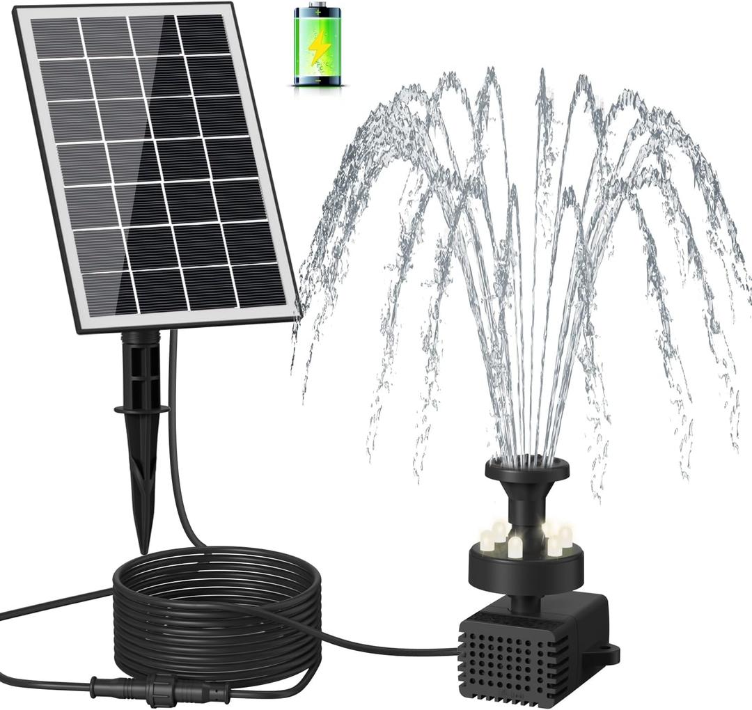 Solar Fountain with 2000mAh Battery - Work On Cloudy Days - Upgrade 3.5W Glass Panel Solar Powered Bird Bath Water Pump with Stakes, 16.4ft Cable, White LED Lights, 7 Nozzles for Garden