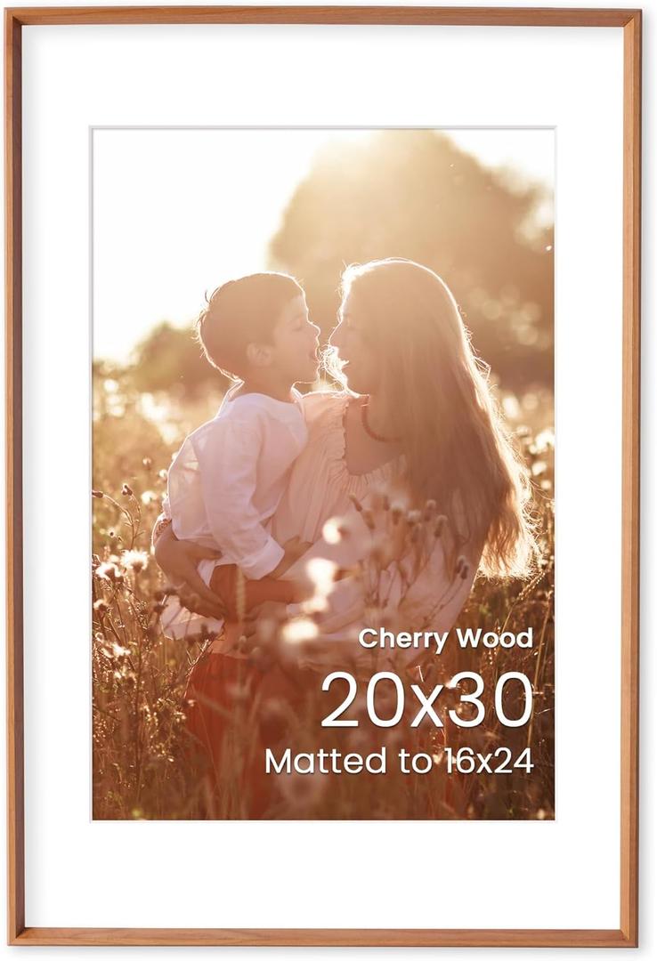 20x30 Picture Frame, Solid Cherry Wood 20x30 Frame with mat for 16x24, Real HD Tempered Glass, for Wall Display, Wall Hook Included, Set of 1