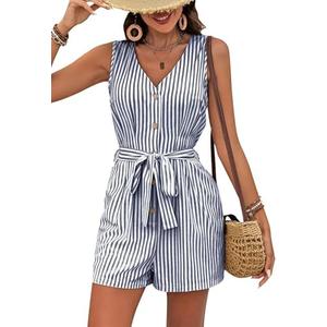 Women Summer Rompers Sleeveless V Neck Button Down Linen Jumpsuit Shorts Beach Striped Rompers with Belt Size S