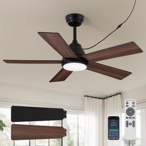 42 Inch Ceiling Fan with Light, Black Ceiling Fans with Lights and Remote/APP, 3CCT, Noiseless DC Motor, Waterproof Plug in Ceiling Fan for Bedroom, Living Room, Patio, Indoor/Outdoor Use