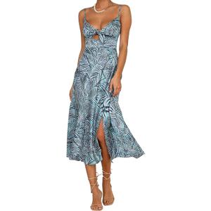 Fashionme Women Spaghetti Strap Midi Satin Dresses Tie Front Backless Split Hollow Dress (Small, B-light Blue)