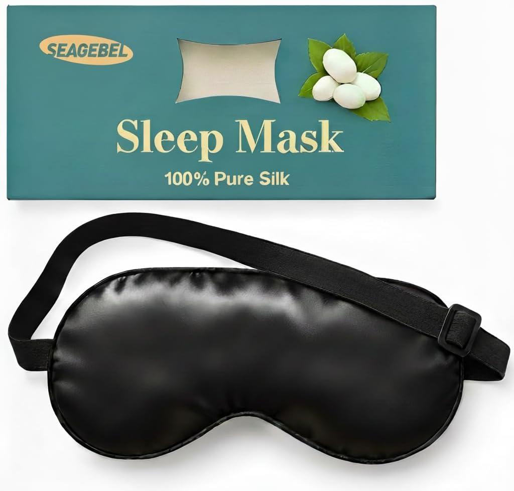100% Pure Mulberry Silk Sleep Mask, 22 Momme 6A Soft & Smooth Fibers, Breathable Eye Mask for Women & Men, Better Light Blocking Sleeping Mask, Adjustable Blindfold, Traveling Gift (Black)
