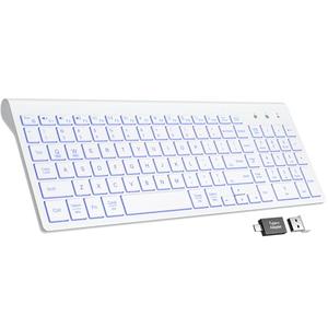 SABLUTE Wireless Keyboard with 7 Colored Backlits, Rechargeable Silent Compact Cordless Computer Keyboard with Low Profile Quiet Light Up Keys for Windows, PC, Linux, Chrome, Mac (White)