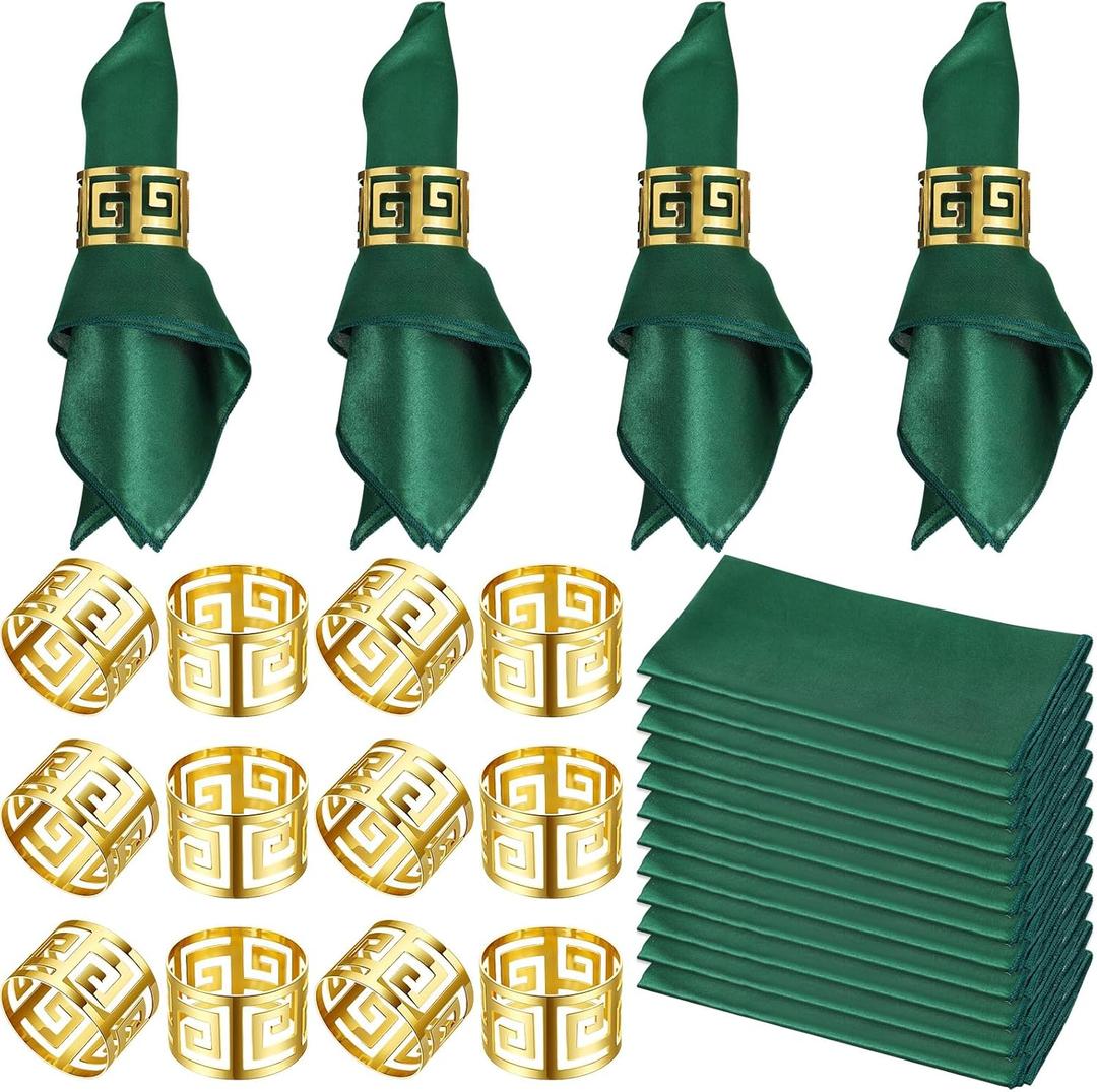 Nitial 24 Pcs Christmas Napkin and Rings Set 12 Packs Green Napkins Cloth Washable 12 Pcs Golden Hollow Napkin Rings for Holiday Table Decoration Wedding Birthday Xmas Party