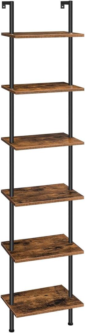 HOOBRO DIY Ladder Shelf, 6-Tier Wooden Wall Mounted Bookshelf, Narrow Bookcase, Display Shelf, Storage Rack, Plant Stand, for Living Room, Bedroom, Study, Balcony, Rustic Brown and Black BF651CJ01 (15.4"L x 9.4"W x 79"H)