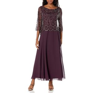 J Kara Women's Petite 3/4 Scallop Beaded Pop Over Gown (Wine/Multi)