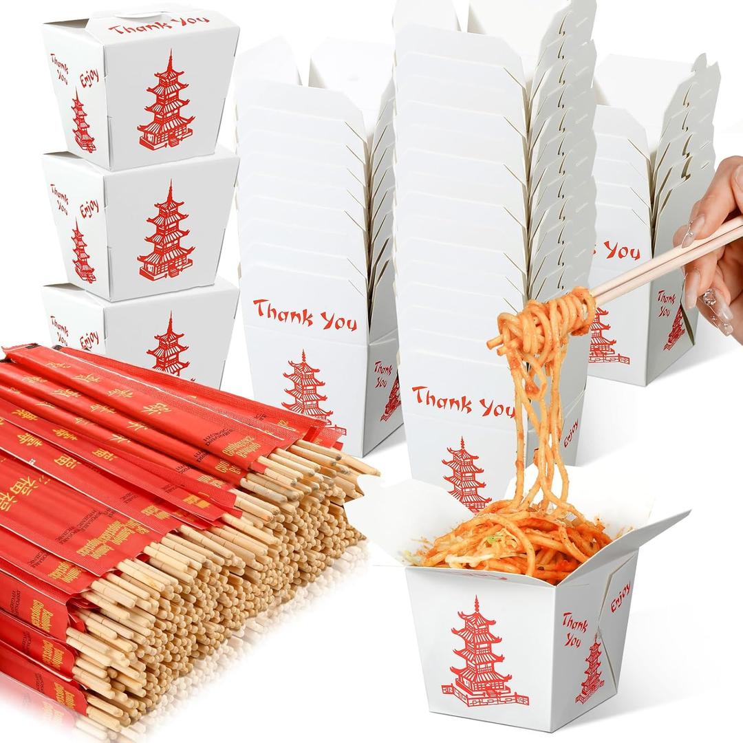 Tioncy 50 Sets 16 oz Disposable Paper Food Containers with Chopsticks include 50 Pack Chinese Take out Boxes and 50 Pairs Bamboo Chinese Chopsticks for Restaurants Birthday Wedding Party