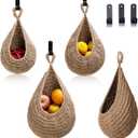Hanging Fruit Basket Set of 3, Boho Wall Hanging Storage Jute Basket for Organizing & Decor, Handmade Teardrop Hammock Holder for Onion Fruit Vegetable in Home & Restaurant Kitchen with Hooks (Linen)
