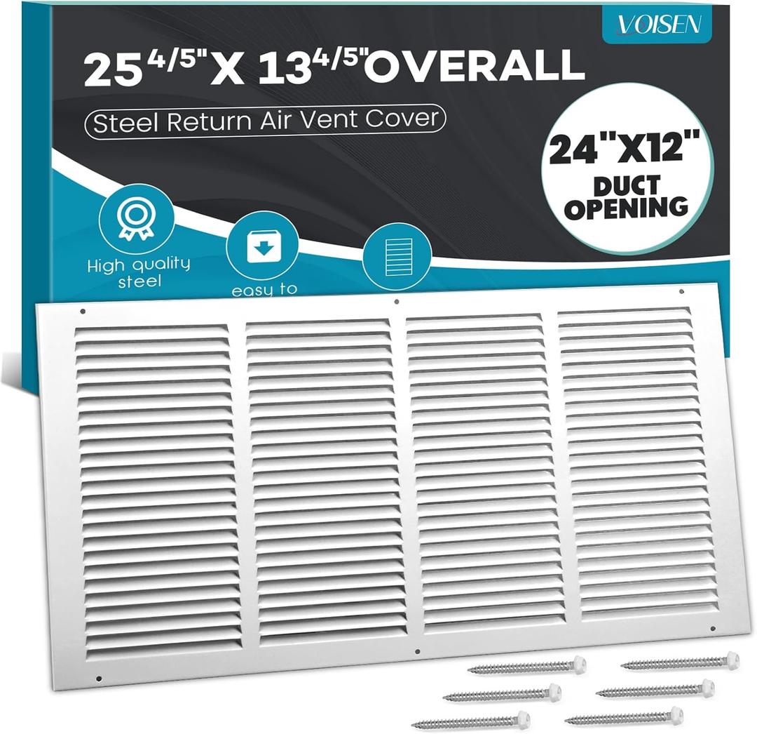VOISEN Return Air Grille,Fits 24x12 Duct Opening,Steel Return Vent Cover, White Vent Cover Grill for Sidewall and Ceiling,HAVC Cold Air Return Vent Cover,Overall Size:25.75"W X 13.75"H