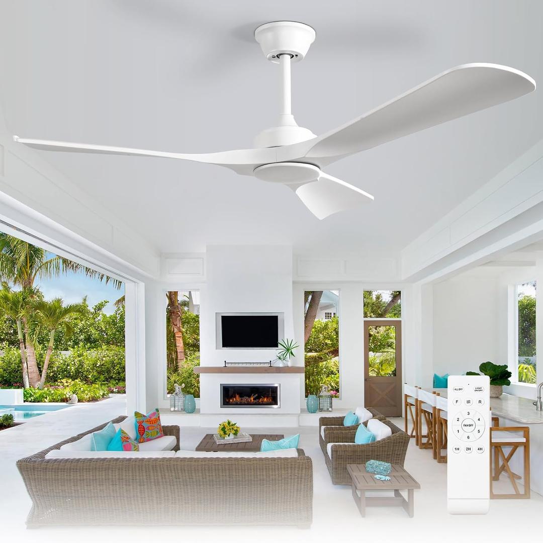 Depuley Ceiling Fan Without Light: 52 Inch 3 Blade Outdoor Fans for Patios - White Ceiling Fan No Light Indoor Remote Control Ultra Quiet DC Motor Reversible 6 Speed Timer