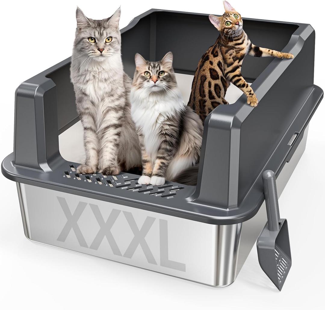 Extra Large XXL Stainless Steel Cat Litter Box with Lid, 26" L x 18" W x 12" H Metal Litter Box with Hight Sides for Big Cats & Multiple Cats, Never Absorbs Odors, Anti-Urine Leakage, Easy Cleaning