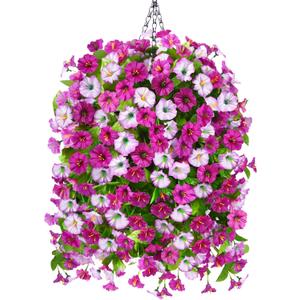 Artificial Faux Hanging Flowers Plants Baskets for Outdoor Spring Summer Decorations,Resistant Fake Morning Glory Silk Plants for Outside UV Resistant Patio Yard Home Porch Decor(Light purple)