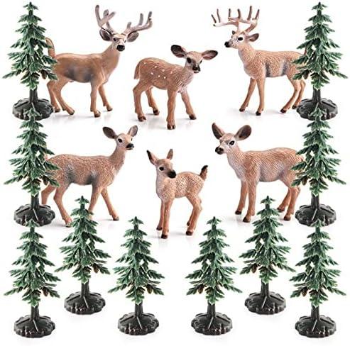 16PCS Deer Figurines Model Trees Kit, Plastic Woodland Animals Toys, Miniature Wild Forest Animal Figures for Christmas Decoration Cake Toppers Party Favors