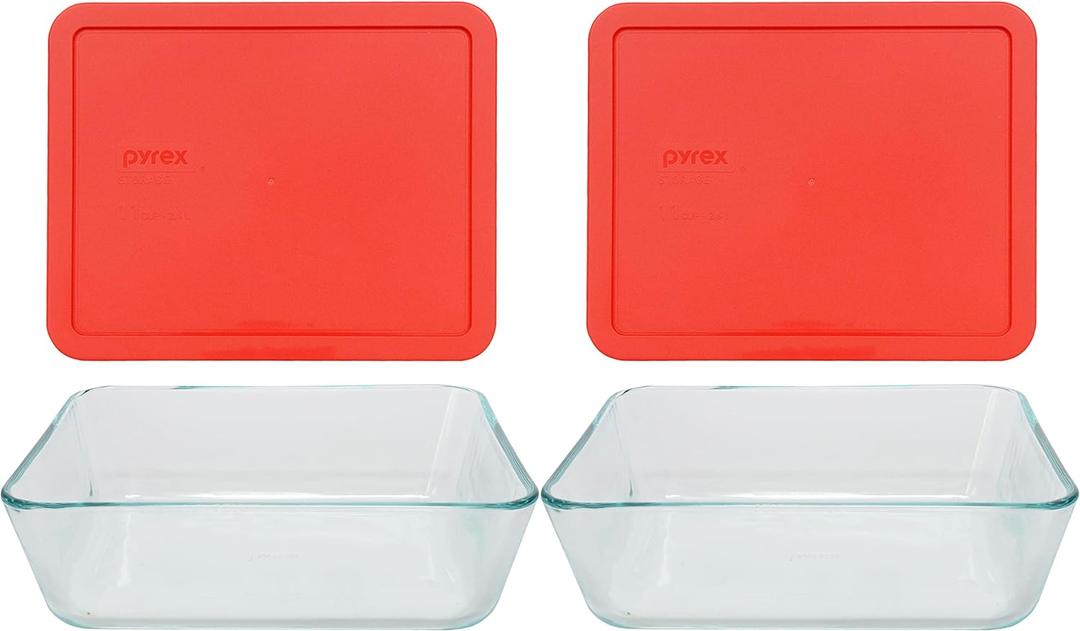 Pyrex 1075451 Stor+rect/Cvr Size Cu Pyrx Storage+Rectangle/Cover, 11 cup Containers (Pack of 2), Red