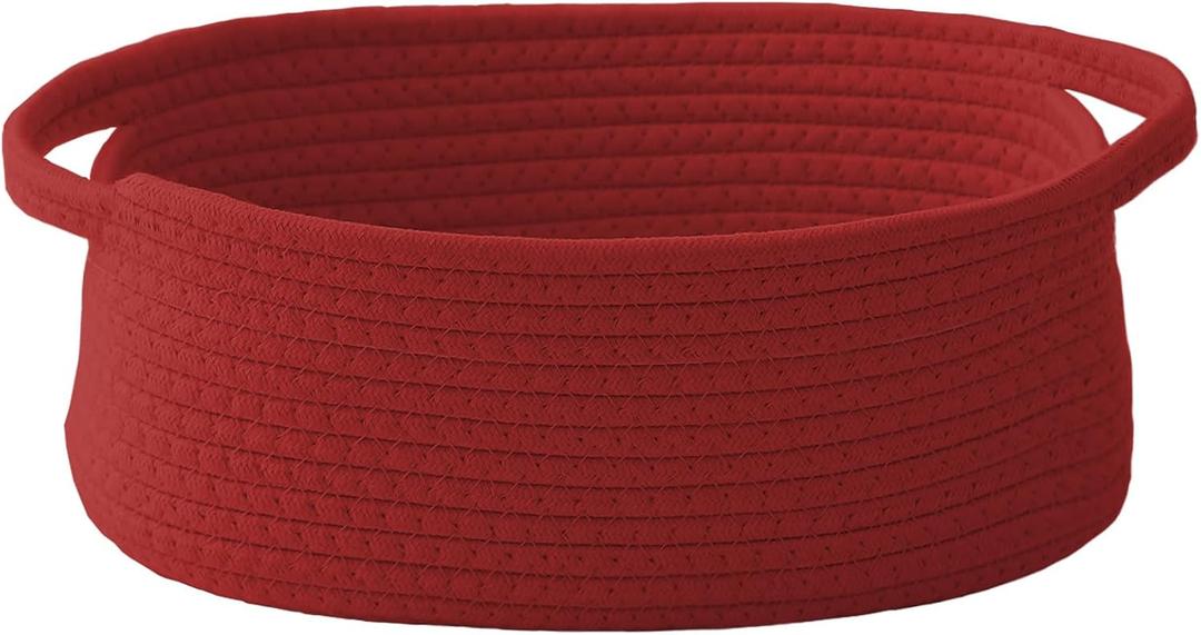 Woven Basket,Small Rope Storage Bin with Handles & Ribbon Bag, Organizer for Shelves Closets,Gift Basket Empty for Birthday,Books,Dog Toys, Red