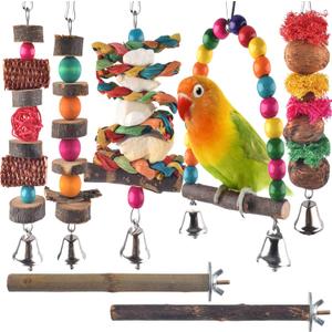 Bissap Bird Chew Toys, 7 Packs Parakeet Natural Wood Toys Parrot Hanging Cage Toy Perch Stand for Small Birds Conure Cockatiel Parrotlet Lovebird Budgie