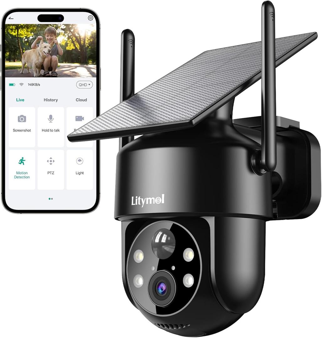 LITYMOL 2K 2.4g WiFi Security Cameras Wireless Outdoor, 360° View Solar Cameras for Home Security, Color Night Vision, AI Detection, 2-Way Audio, Spotlight Siren Alarm, SD/Cloud Storage