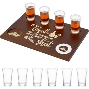 Shot Board Set With 6pcs Shot Glass Gifts, 7.8x11.8 Inch Wooden Serving Tray with Salt Rim, Shots Glass Holder for Restaurant Family, Fun Bar Party Housewarming Gifts