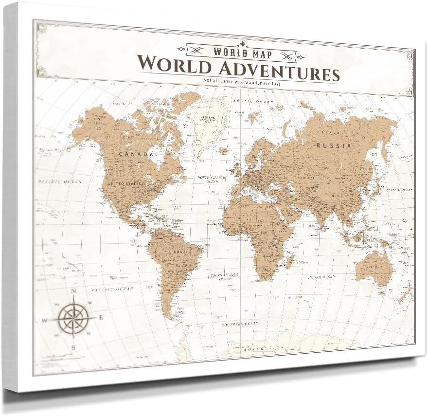 IPIC - Vintage World Map Canvas Wall Art, Large Travel Map Print for Home, Office, or Study, Push Pin Map Decor for Travel Lovers, Ready to Hang (30"L x 24"W)