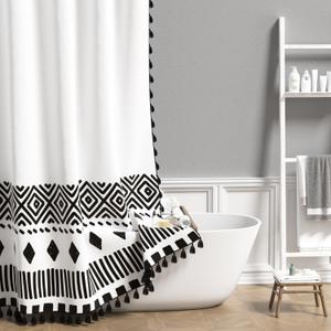 AOFOTO Bohemian Shower Curtain Tassel Boho Black and White Striped Geometric Pattern Shower Curtains for Bathroom Waterproof Bath Curtain Sets with Hooks Bathroom Home Decor 47x70 Inches