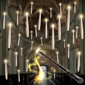 Floating Candles with Wand, Flameless Candles with Flickering Flame, Battery Powered Magic Candles with Wand, Flameless Magic Hanging Taper Candles for Halloween & Birthday Theme Party, Ivory