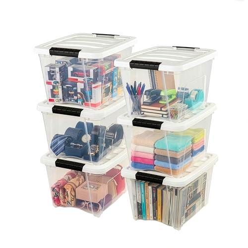 IRIS USA 19 Qt Stackable Plastic Storage Bins with Lids, 6 Pack - BPA-Free, Made in USA - See-Through Organizing Solution, Latches, Durable Nestable Containers, Secure Pull Handle - Clear/White