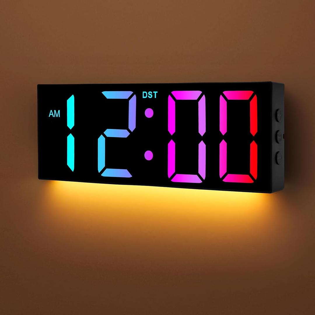 Alampan 12" Large Digital Wall Clock with Remote Control, USB Powered, Corded RGB LED Clock with Full Screen Display, Big Numbers, for Classroom, Living Room, Elderly, Wall Mounted, Black