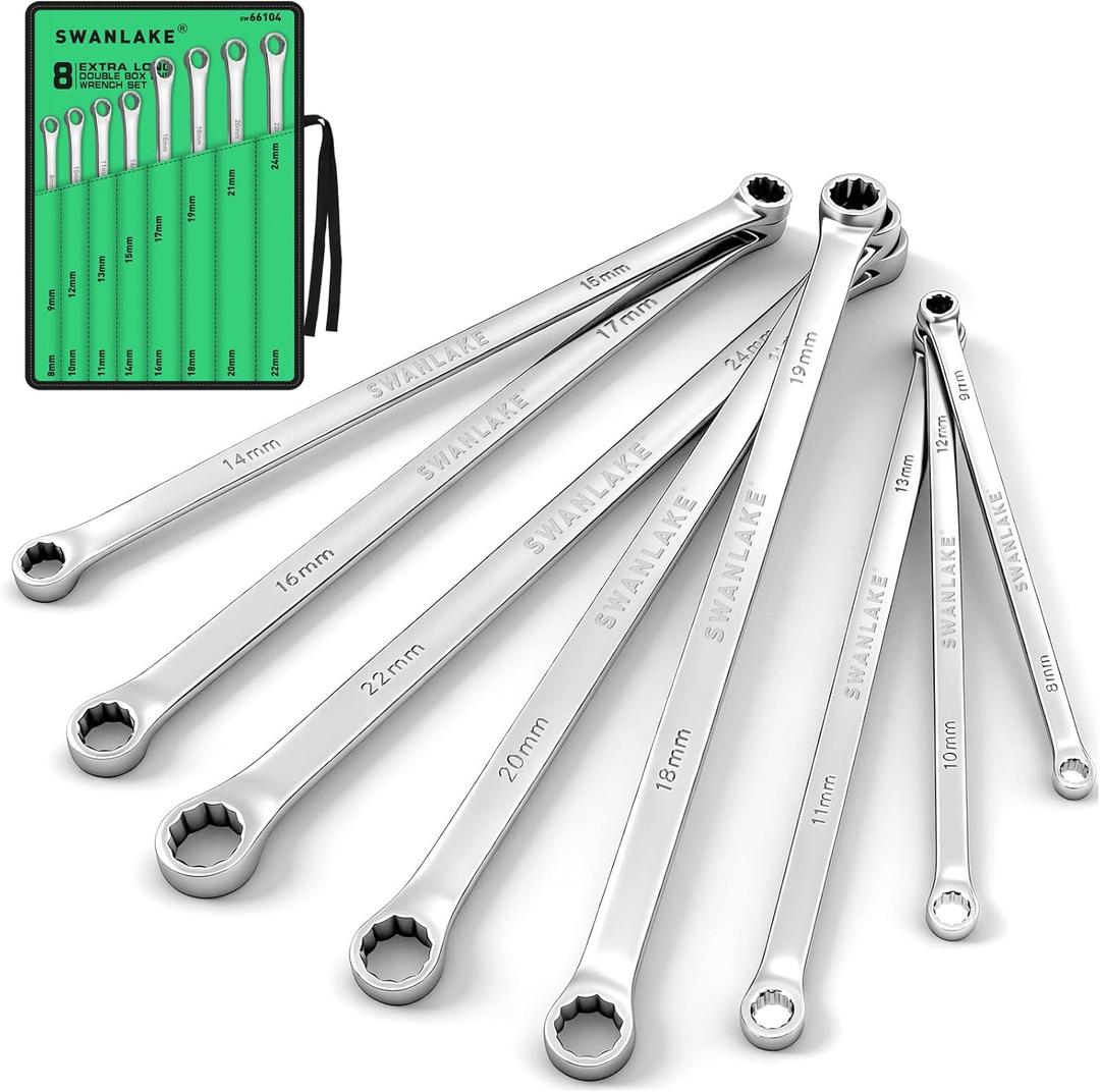 SWANLAKE GARDEN TOOLS 8-Piece Extra Long Double Box-End Wrench Set, Premium 12-Point Metric 824 mm, CR-V Steel, 15 Offset, Off-Corner Loading, with Tool Roll Bag