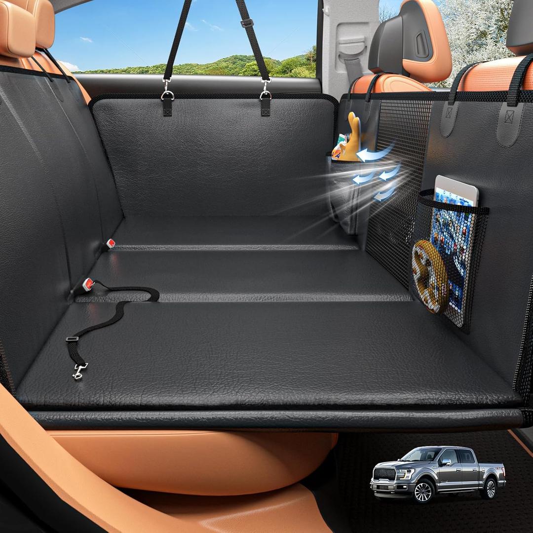 Back Seat Extender for Dogs, Hard Bottom Dog Car Seat Cover for Truck Back Seat, Upgraded PU Leather Dog Hammock for Car, Waterproof, Anti Scratch, Larger Space, Holds 400lbs (XL, Black)