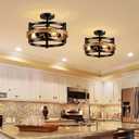 WUZUPS 3-Light Metal Drum Chandelier Imitation Wood Grain Shade Round Semi Flushmount Ceiling Lighting Rustic Farmhouse Fixture Foyer Entry Kitchen, H 9.4" x W13.8, E26 Base, Black