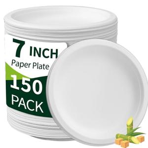 Drihara White Paper Plates 7 Inch (Round,150 Count) Heavy Duty Disposable Dinner Plates Bulk, Small Compostable Dessert Dishes for Party, BBQ and Gathering, Microwave-Safe/Sturdy/Leak Resistant