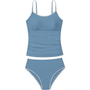 Girls Swimsuit Solid Color Tankini Contrast Trim Swimwear 2 Piece Bathing Suit Padded Swimsuits for Teens 9-16Y (Blue, M)