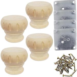 Wooden Furniture Legs 3'' Unfinished Bun Feet for Sofa, Chair, Loveseat, Ottoman, Dresser Foot Set of 4