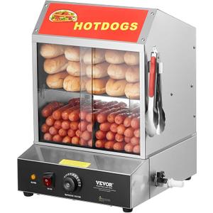 VEVOR Hot Dog Steamer, 28.5QT, 2-Tier Hot Dog Hut Steamer, 86~185 Temperature Control, Electric Bun Warmer with Tempered Glass Slide Doors Partition Plate Tong, Stainless Steel, for Hot Dogs & Buns