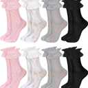 8 Pairs Women Lace Socks Ruffle Frilly Ankle Women Cute Lolita Lace Trim Socks (5-9, 4 Colors)