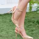 Coutgo Womens Closed Toe High Heels Mesh Satin Pointed Toe Dress Shoes Ankle Strap Pacthwork Wedding Pump Shoes
