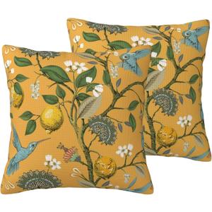 Mustard Yellow Floral Pillow Covers 18x18 Set of 2 Hummingbirds Throw Pillowcases Lemons Square Cushion Case for Couch Bed Sofa Chair Outdoor Home Decor