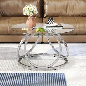 O&K FURNITURE Silver Coffee Table, Modern Glass Coffee Table Living Room Table with Ring-Shaped Frames, Glass Coffee Table for Home&Office, Chrome Finish, 1 PC, 31.9"D x 31.9"W x 17.7"H