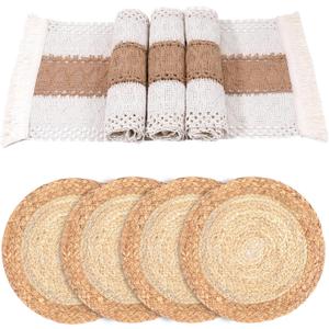 Handmade Boho Placemats Set of 4 - Farmhouse Style Placemats, Natural Cotton Burlap and Water Straw Woven Combination Table Mats, Handmade Round Woven Table Mats for Dining Tables, Kitchen
