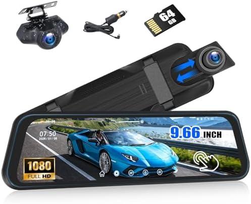 Free 64 GB TF Card 9.66" Mirror Dash Cam, 1080P Front and Rear View Mirror Cars Camera with IPS Full Touchscreen Night Vision Loop Recording Streaming Media Motion Detection Parking Monitor